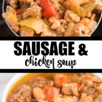 Chicken Sausage Soup is the perfect soup to whip up on a chilly day. This slow cooker soup recipe is full of beans, garlic, onion and beer for one savory soup. Pair with dinner rolls and dive in.