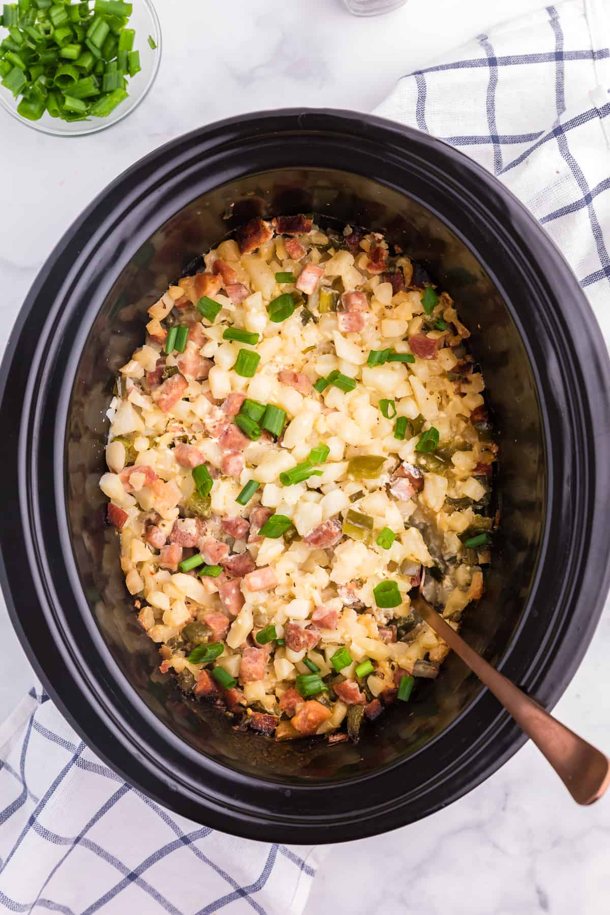 slow cooker ham and potato hash in the slow cooker