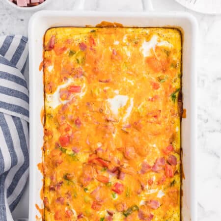 The recipe in a white pan.