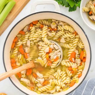 a pot of chicken noodle soup with a ladle