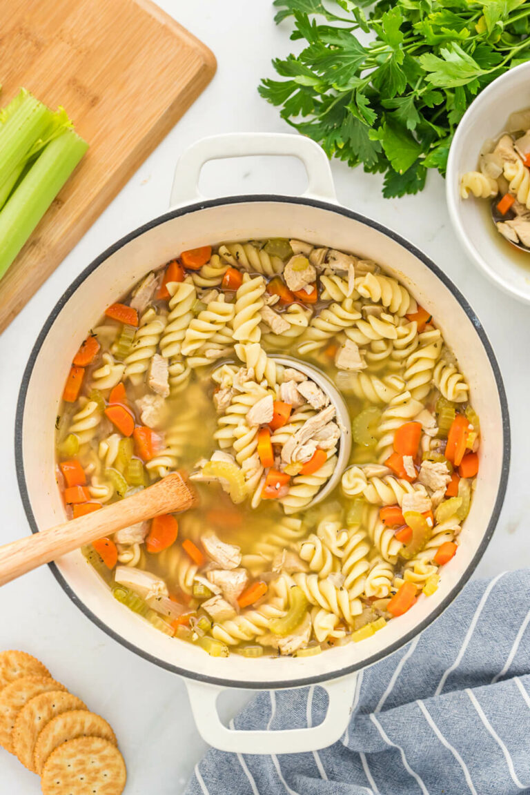 a pot of chicken noodle soup with a ladle