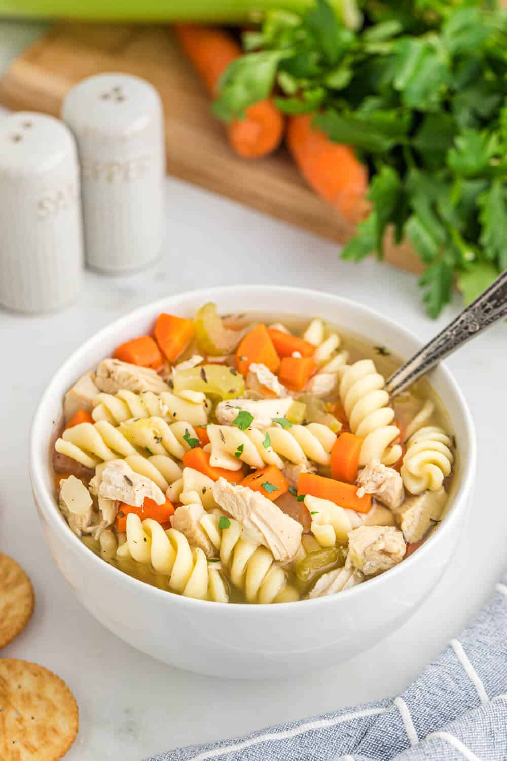 soup bowl with a spoon in it filled with chicken noodle soup