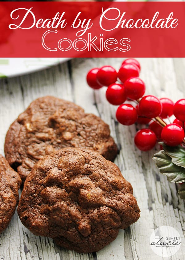 Death by Chocolate Cookies - Chocolate, chocolate and more chocolate!!!! These cookies are the definition of chocolatey goodness. A dark fudgy cookie with white chocolate and nuts are a perfect addition to your holiday baking list. 