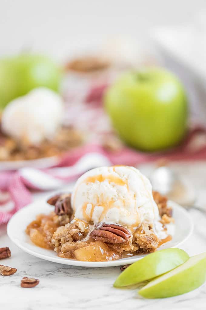 Caramel Apple Dump Cake - One of the easiest cake recipes you will find! Made with butter pecan cake mix, caramel sundae sauce, apple pie filling and pecans.