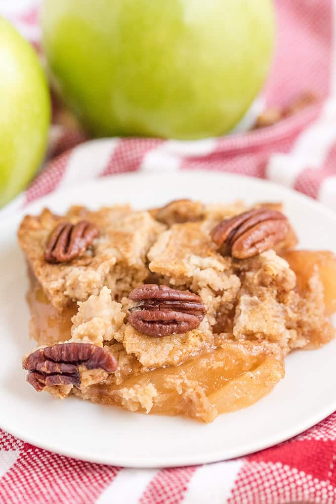 Caramel Apple Dump Cake - One of the easiest cake recipes you will find! Made with butter pecan cake mix, caramel sundae sauce, apple pie filling and pecans.