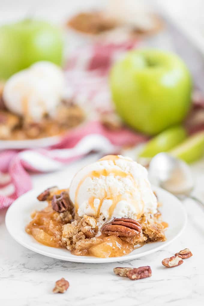 Caramel Apple Dump Cake - One of the easiest cake recipes you will find! Made with butter pecan cake mix, caramel sundae sauce, apple pie filling and pecans.