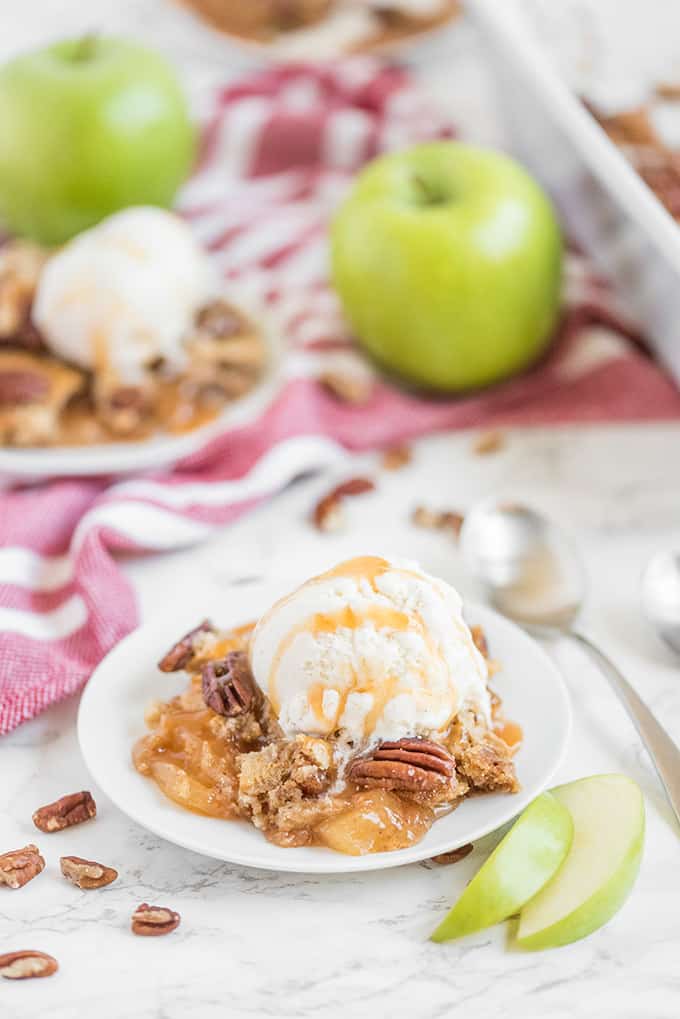 Caramel Apple Dump Cake - One of the easiest cake recipes you will find! Made with butter pecan cake mix, caramel sundae sauce, apple pie filling and pecans.