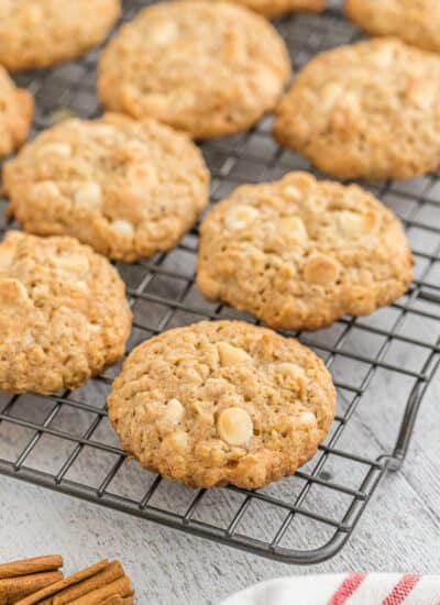 white chocolate oatmeal cookies on a cooling rack