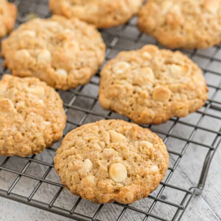 white chocolate oatmeal cookies on a cooling rack
