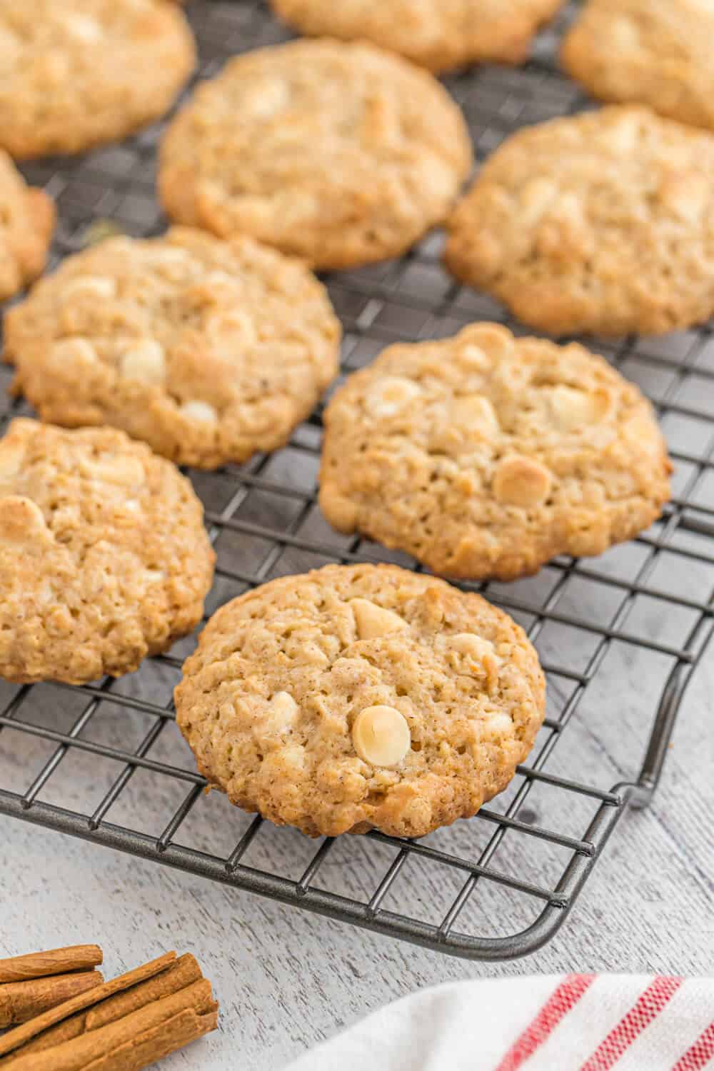 white chocolate oatmeal cookies on a cooling rack