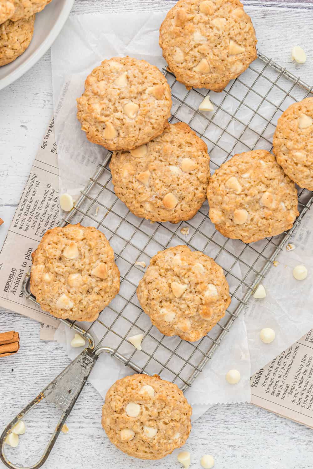 white chocolate oatmeal cookies on a rack