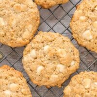 white chocolate oatmeal cookies on a cooling rack