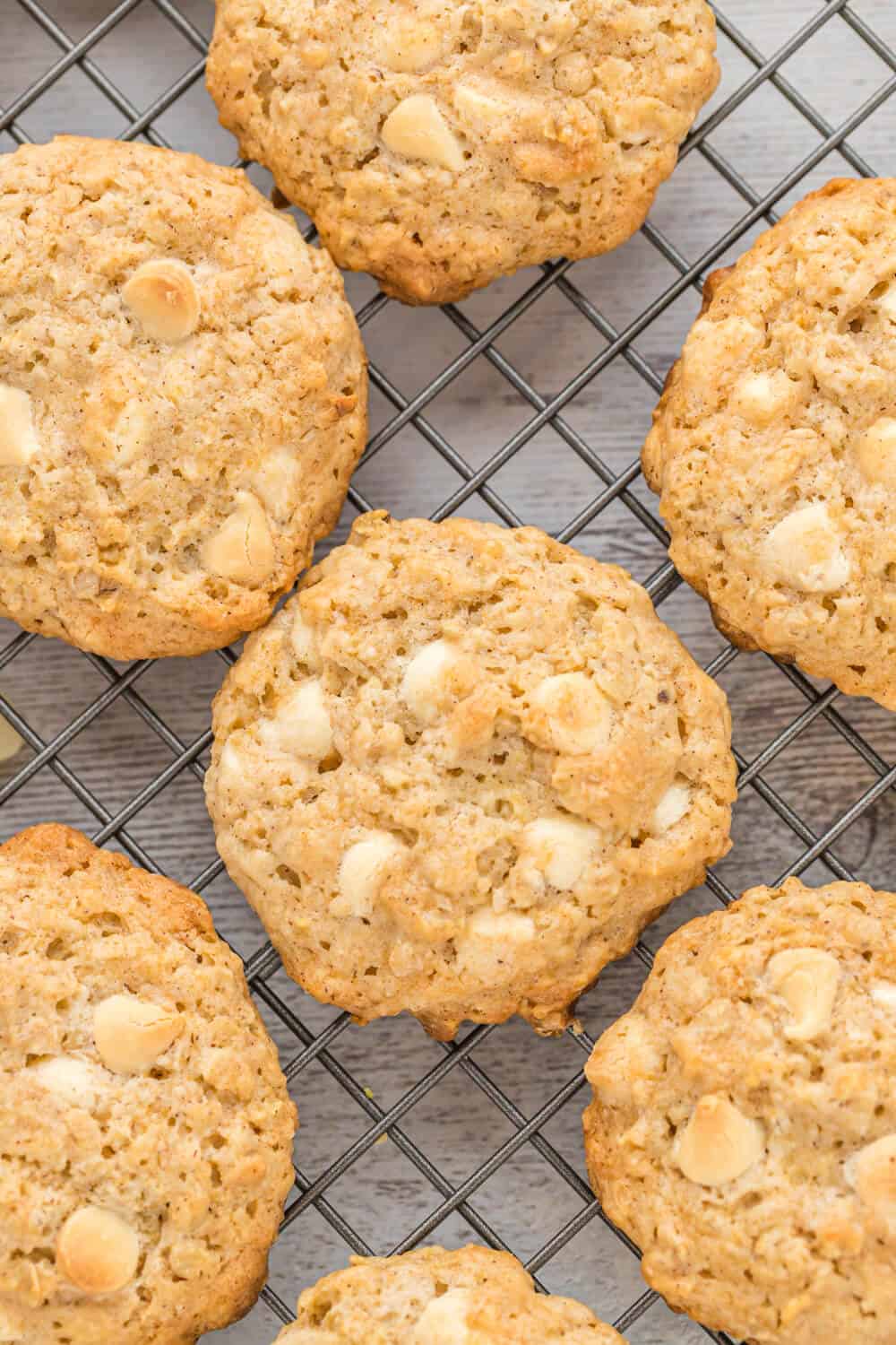 white chocolate oatmeal cookies on a cooling rack