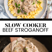 Slow cooker beef stroganoff collage pin.