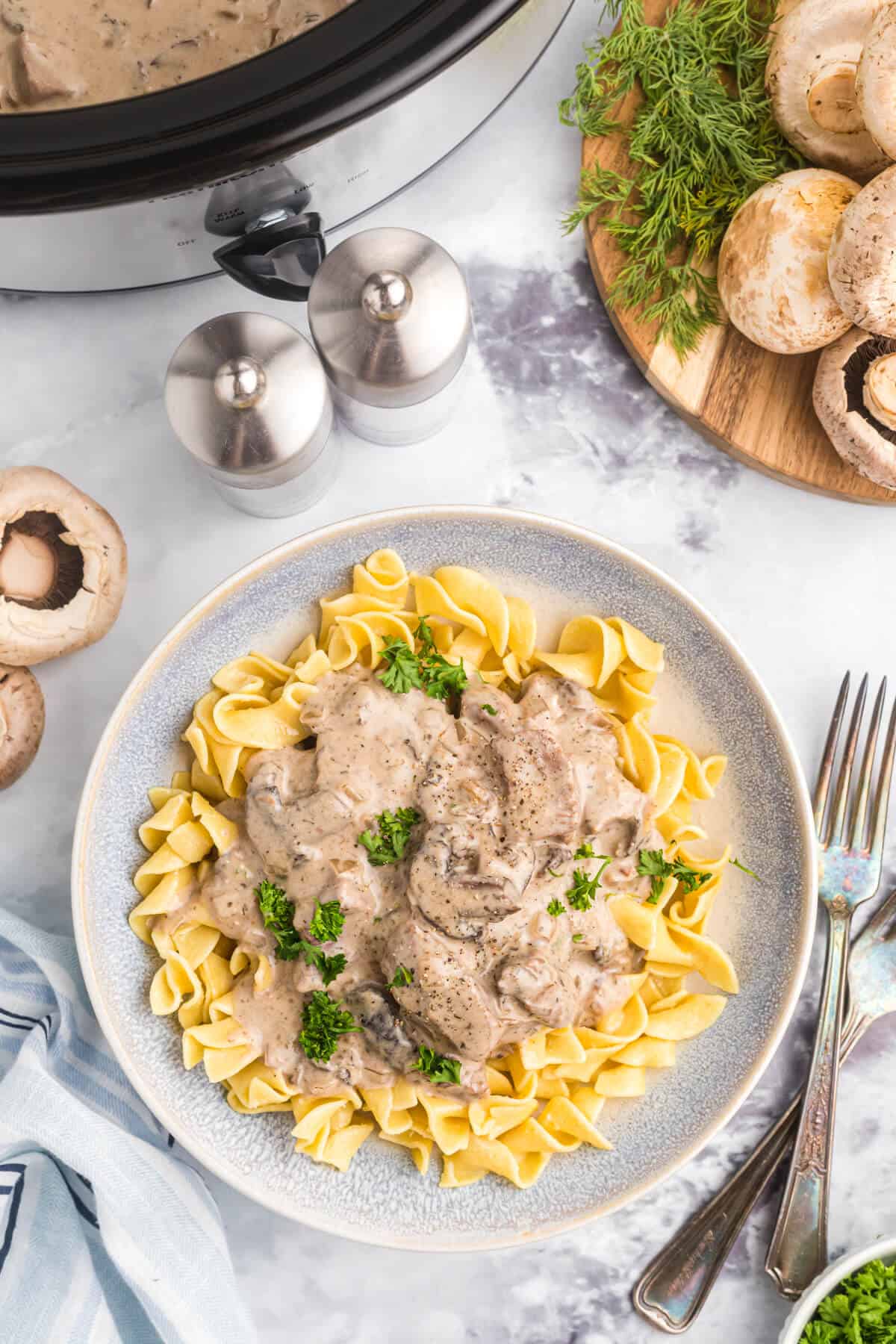 Beef stroganoff on a plate.