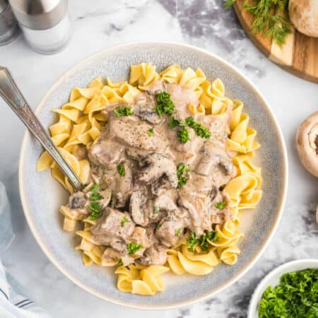 Beef stroganoff on a plate with a fork.