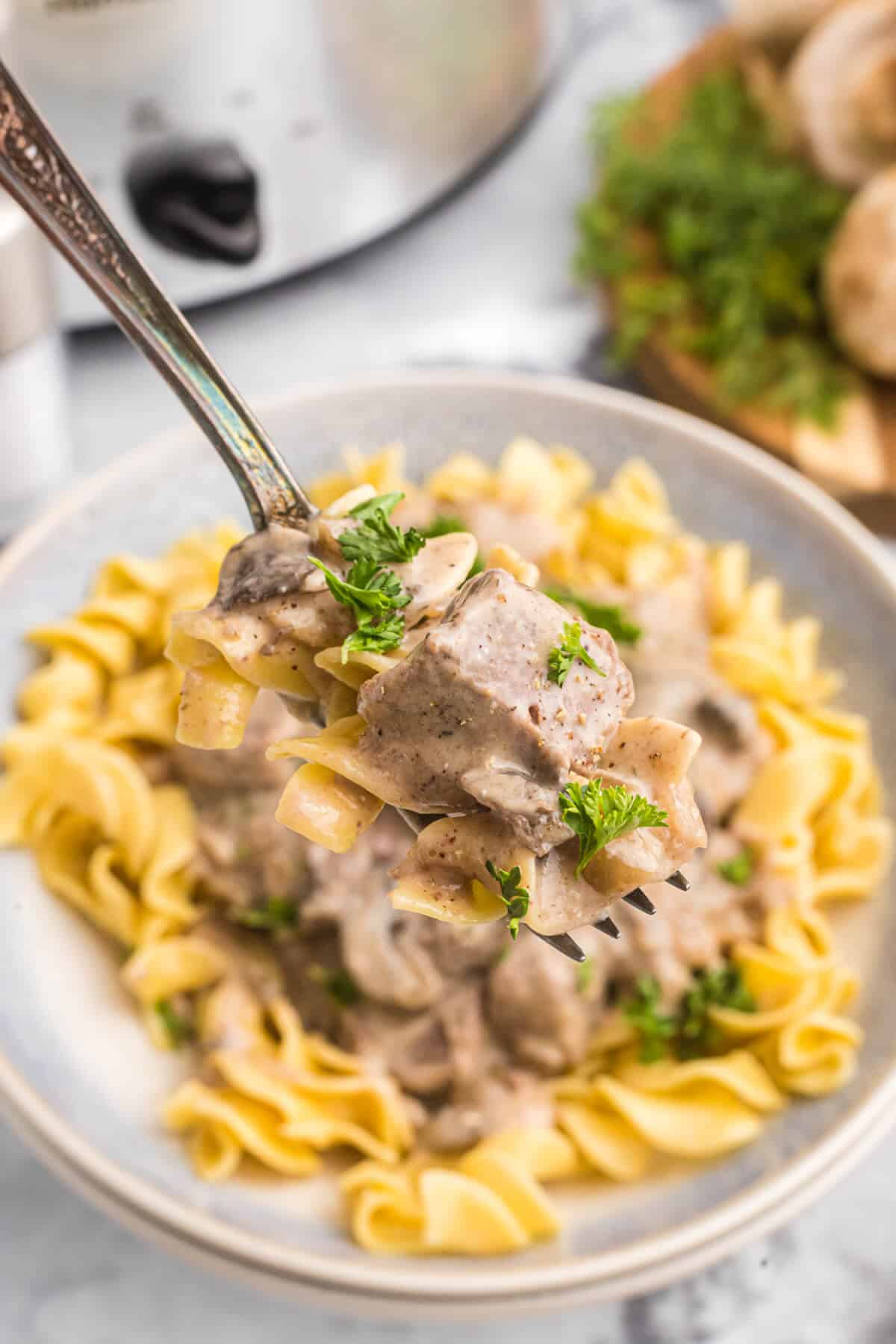 A fork with beef stroganoff on it.