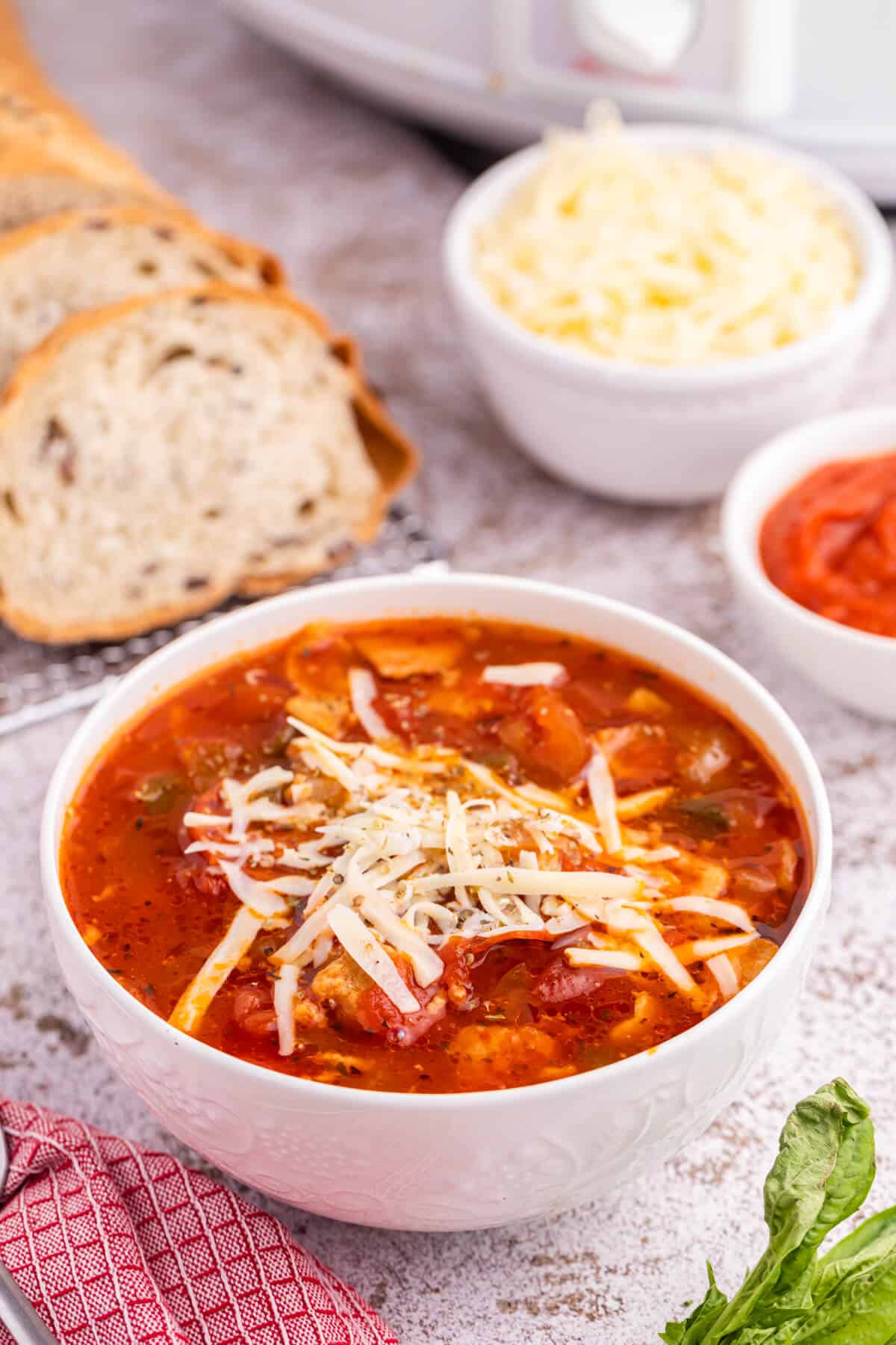 Pizza soup in a bowl.