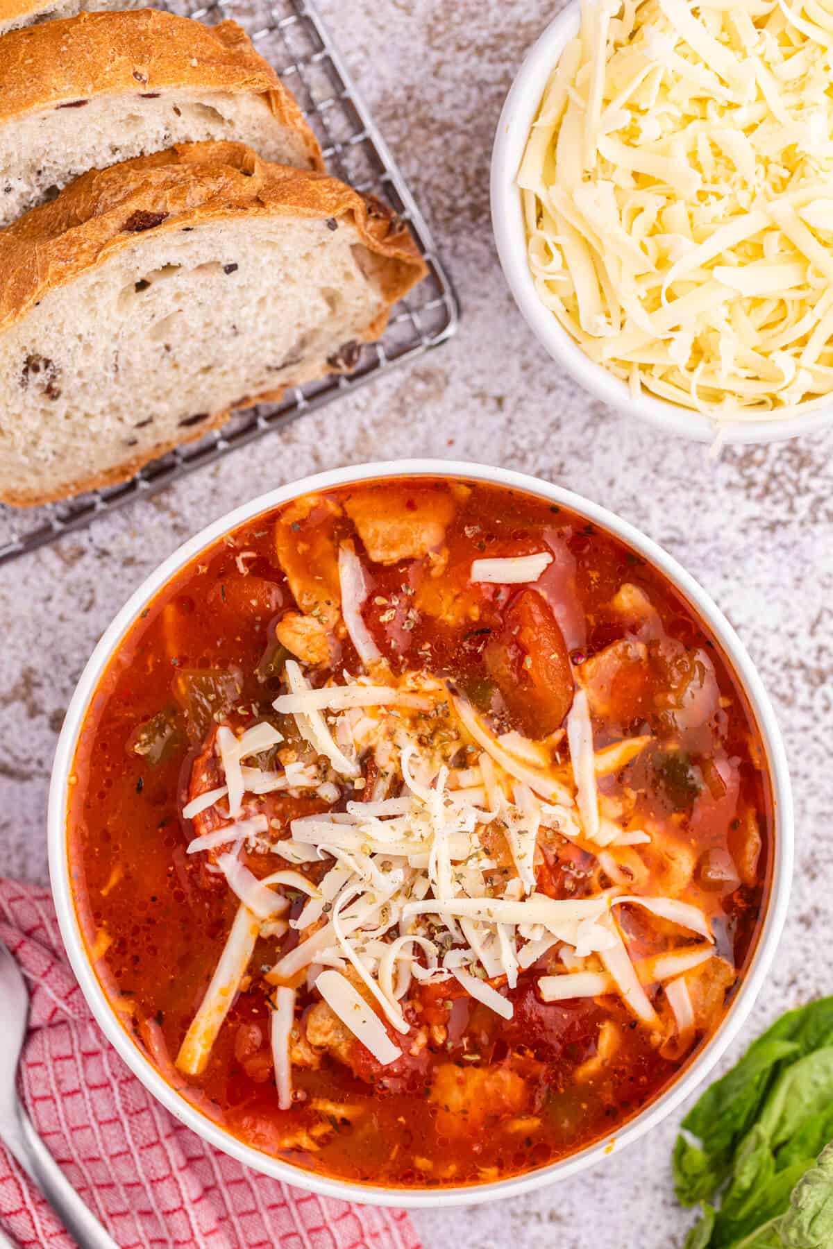 Pizza soup in a bowl.