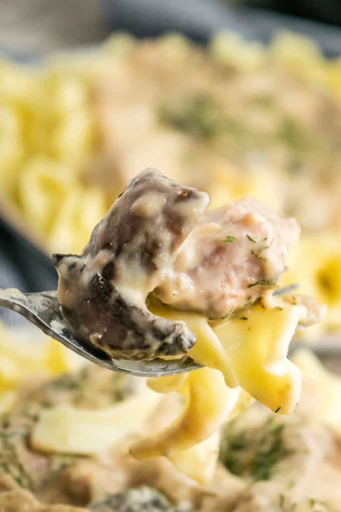 Slow Cooker Beef Stroganoff - A classic recipe made with a creamy mushroom sauce, steak and served over a bed of tender egg noodles. A family favorite!