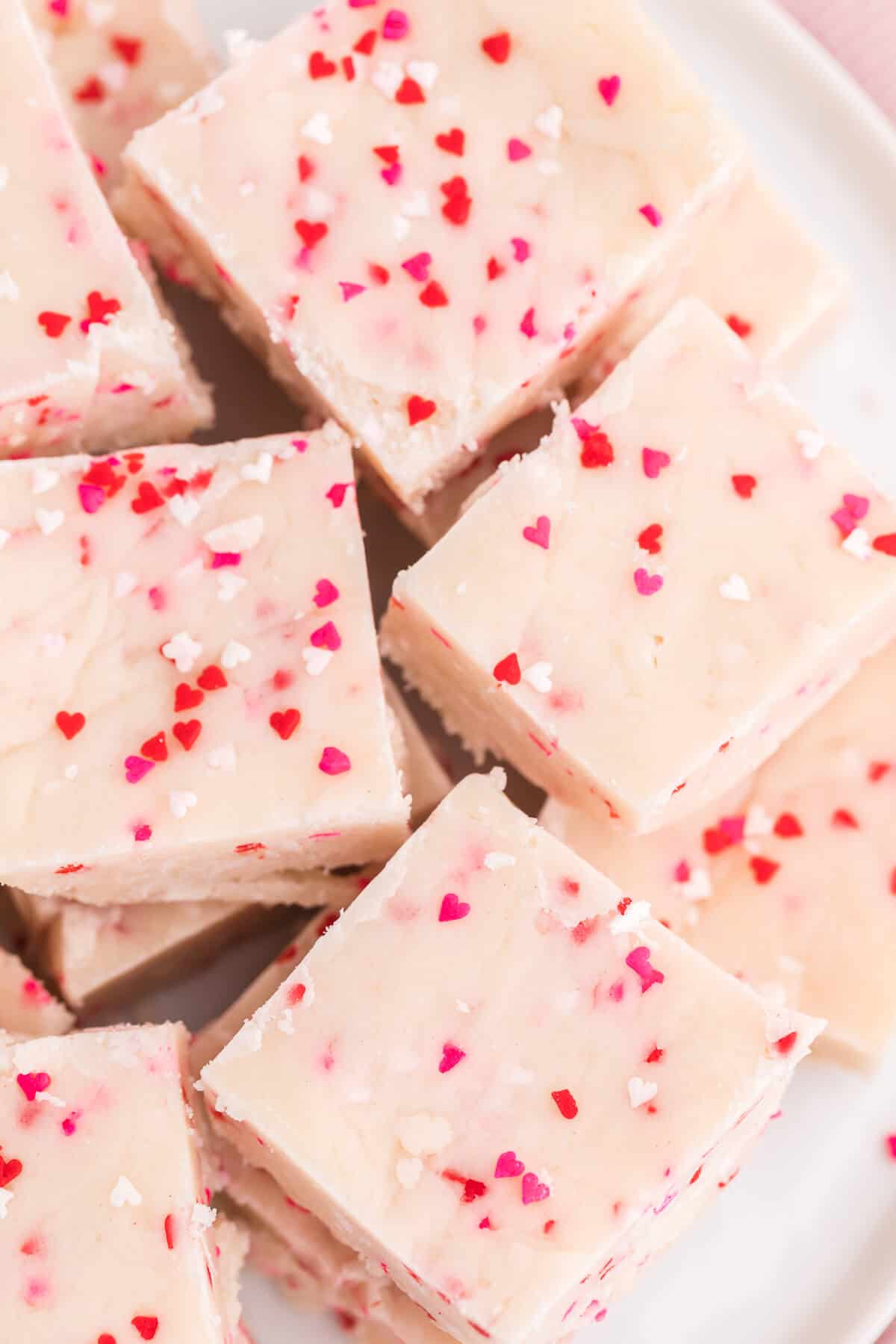 Valentine's Day Fudge - This vanilla "fudge" is made with a secret ingredient - a boxed white cake mix! This versatile sweet treat can be "changed up" by using different flavours of cake mix! It's guaranteed to satisfy your sweet tooth.