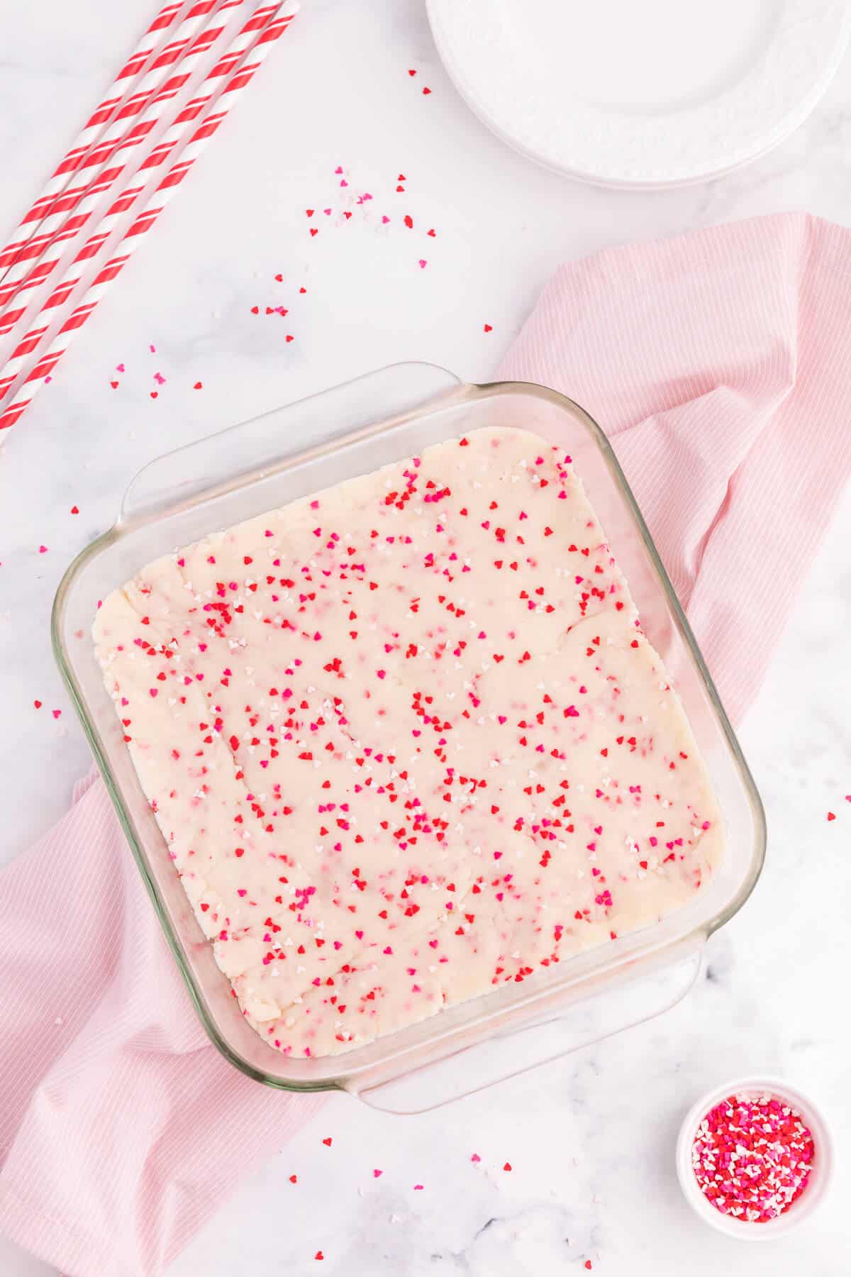 Valentine's Day Fudge - This vanilla "fudge" is made with a secret ingredient - a boxed white cake mix! This versatile sweet treat can be "changed up" by using different flavours of cake mix! It's guaranteed to satisfy your sweet tooth.