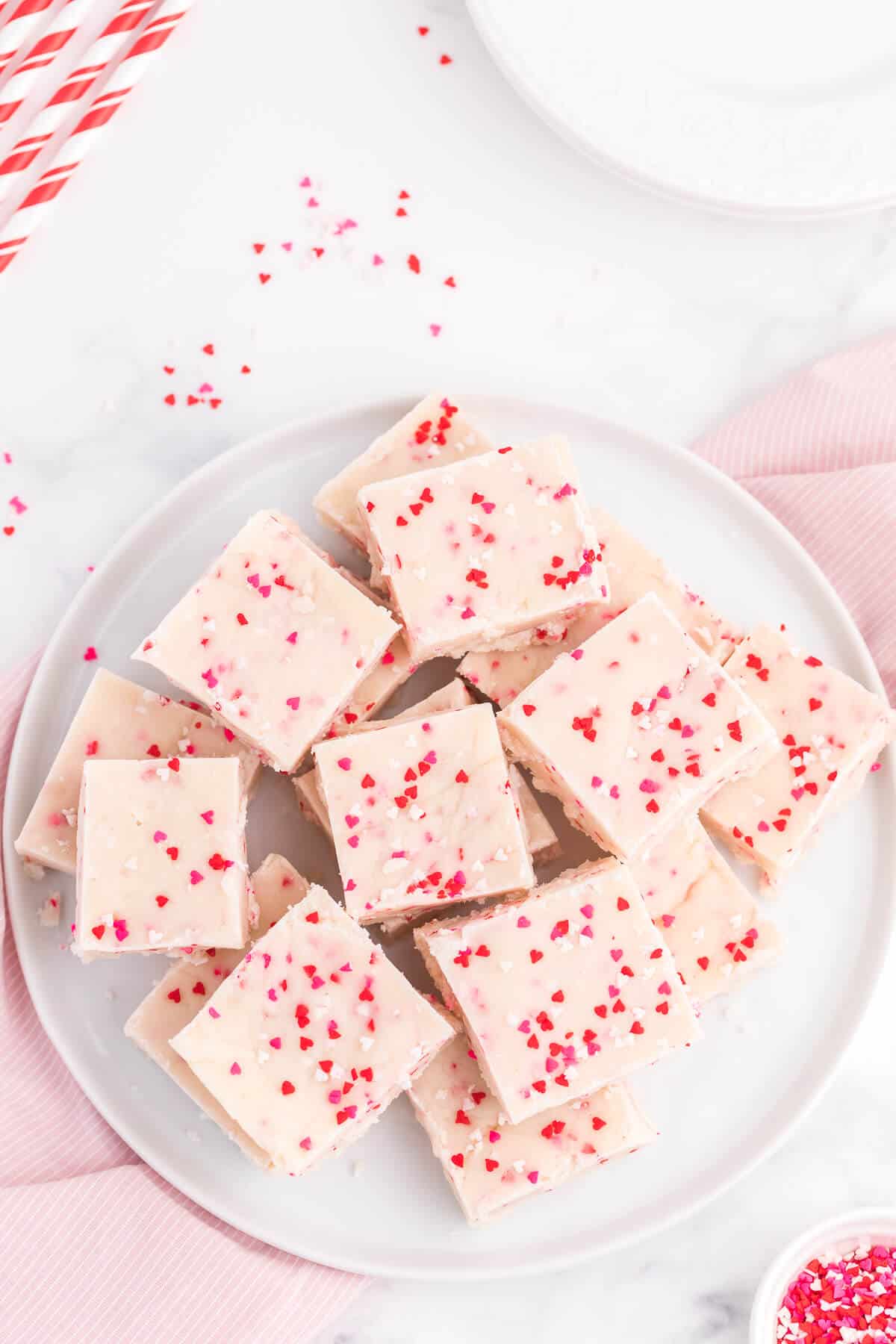 Valentine's Day Fudge - This vanilla "fudge" is made with a secret ingredient - a boxed white cake mix! This versatile sweet treat can be "changed up" by using different flavours of cake mix! It's guaranteed to satisfy your sweet tooth.