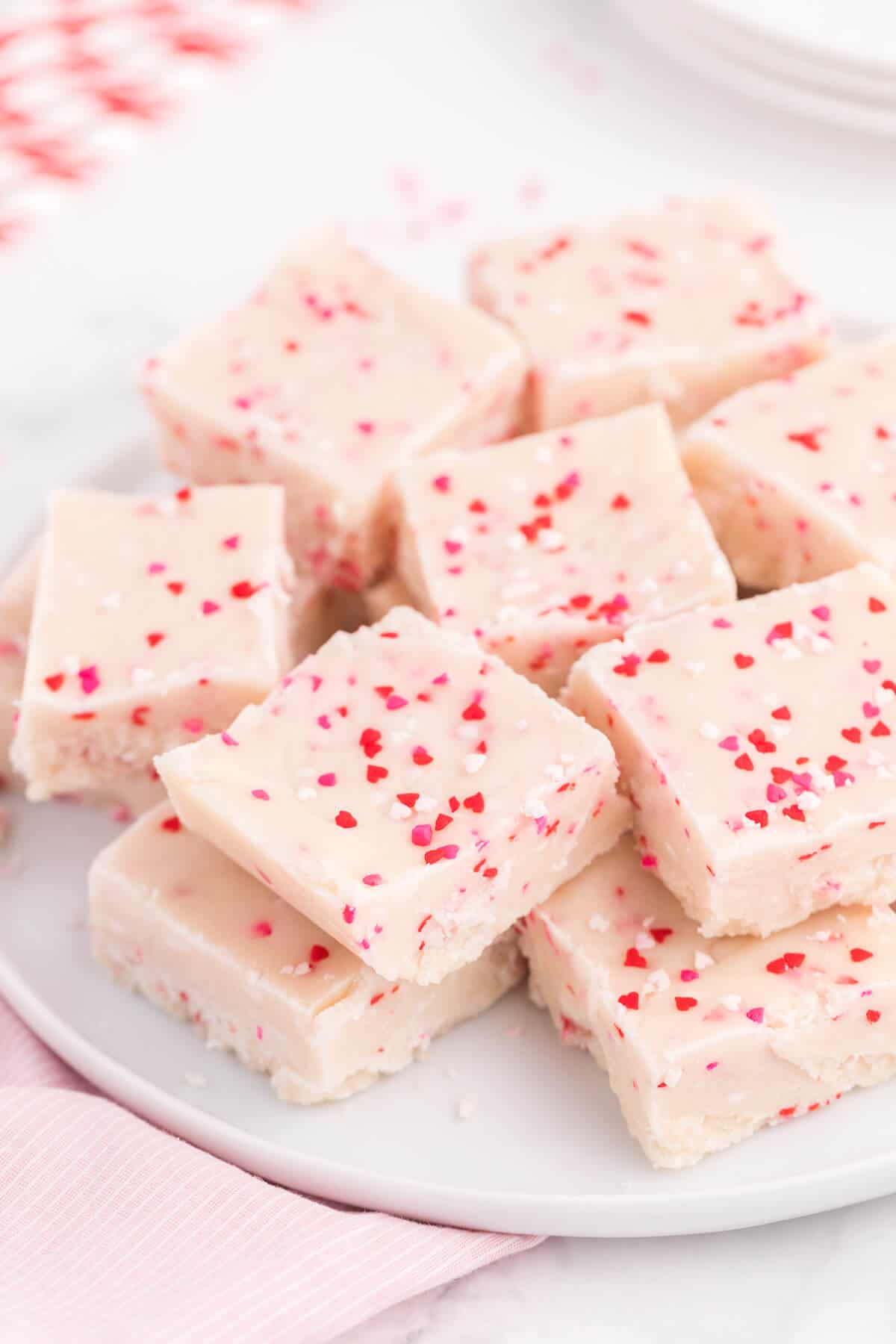 Valentine's Day Fudge - This vanilla "fudge" is made with a secret ingredient - a boxed white cake mix! This versatile sweet treat can be "changed up" by using different flavours of cake mix! It's guaranteed to satisfy your sweet tooth.