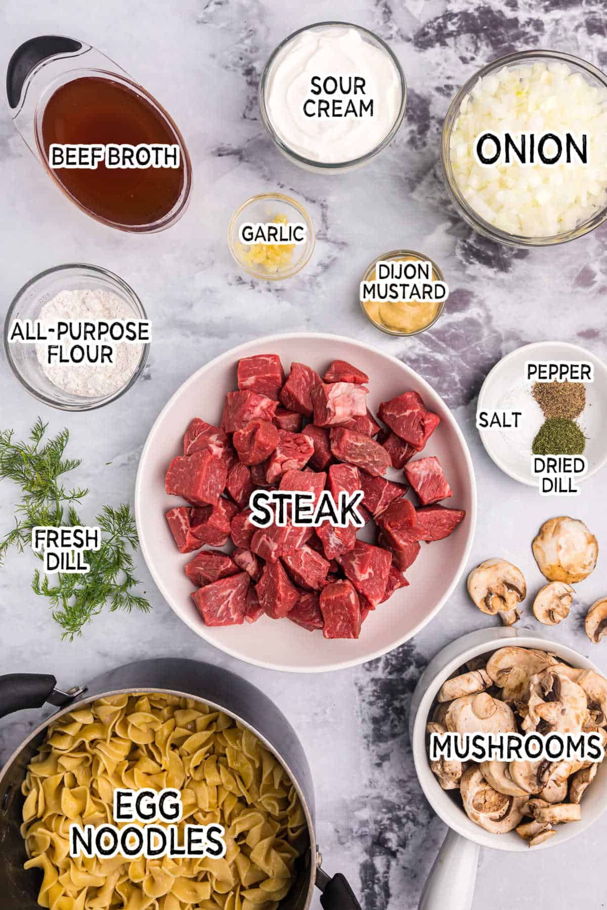 Slow cooker beef stroganoff ingredients.