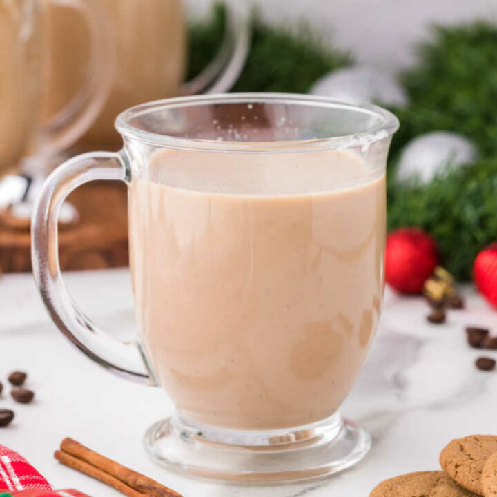 Gingerbread latte surrounded by Christmas decor.