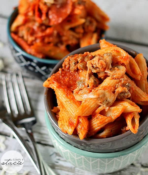Slow Cooker Pepperoni & Sausage Pizza Pasta - filled with all your favorite pizza toppings! I like to call this one comfort food supreme.
