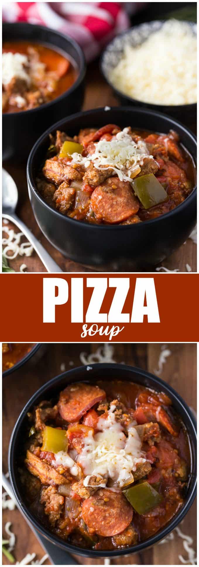 Pizza Soup - The best supreme pizza in a bowl! The heartiest slow cooker soup recipe packed with pepperoni, Italian sausage, and bacon with a tomato base and tons of veggies and cheese.
