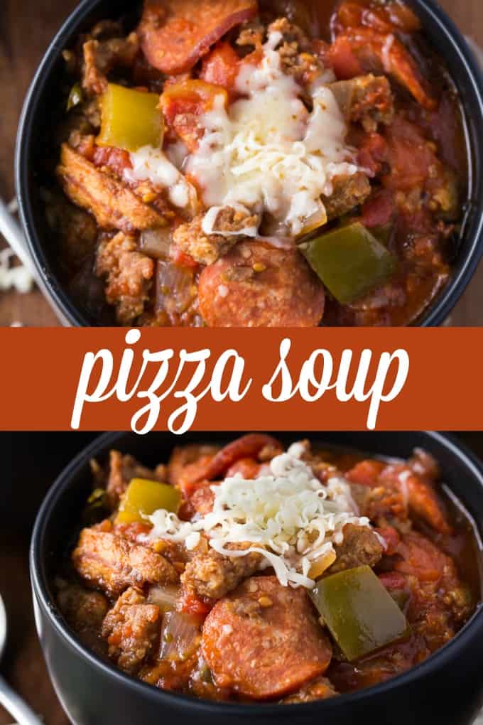 Pizza Soup - The best supreme pizza in a bowl! The heartiest slow cooker soup recipe packed with pepperoni, Italian sausage, and bacon with a tomato base and tons of veggies and cheese.