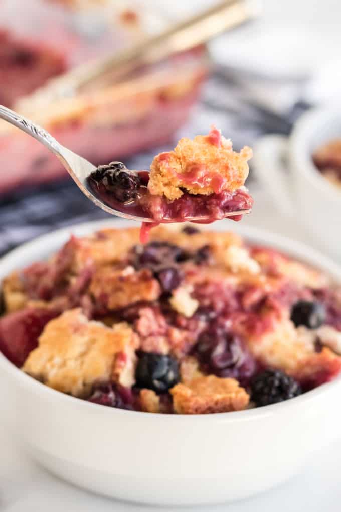 Cake Mix Cobbler - Only three ingredients in this simple recipe - pop, cake mix and frozen fruit!