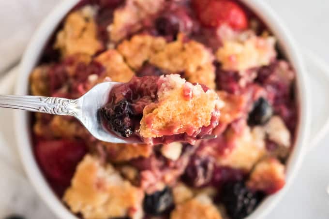 Cake Mix Cobbler - Only three ingredients in this simple recipe - pop, cake mix and frozen fruit!