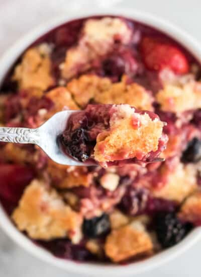 Cake Mix Cobbler - Only three ingredients in this simple recipe - pop, cake mix and frozen fruit!