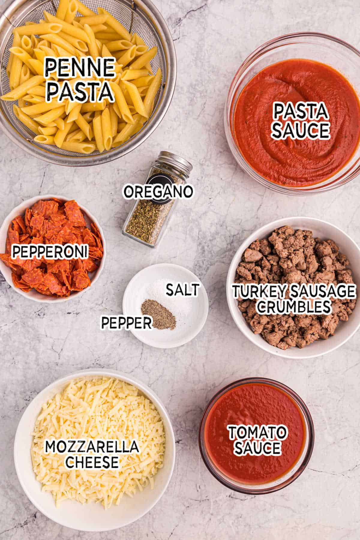 Ingredients to make slow cooker pizza pasta.