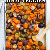 Roasted root vegetables pin image.