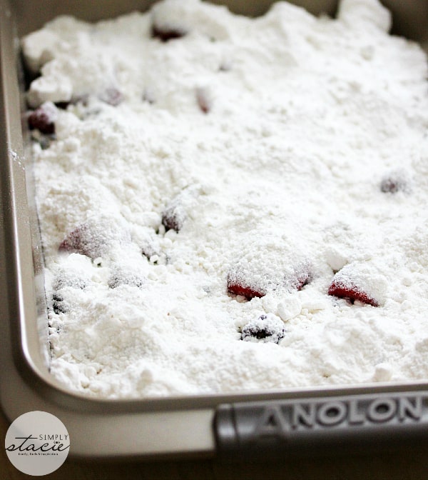 Cake Mix Cobbler - Only three ingredients in this simple recipe - pop, cake mix and frozen fruit!