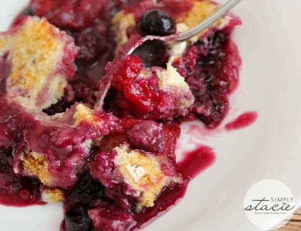 Cake Mix Cobbler - Only three ingredients in this simple recipe - pop, cake mix and frozen fruit!