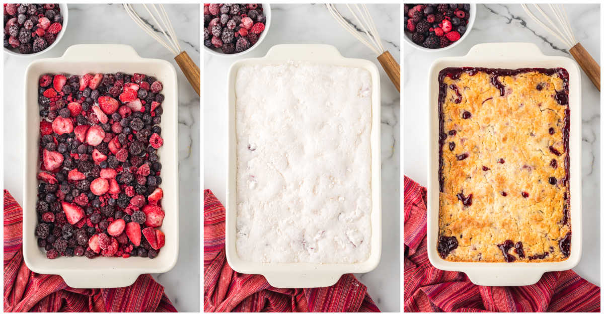 Collage of layering ingredients in a baking pan and baking the recipe.
