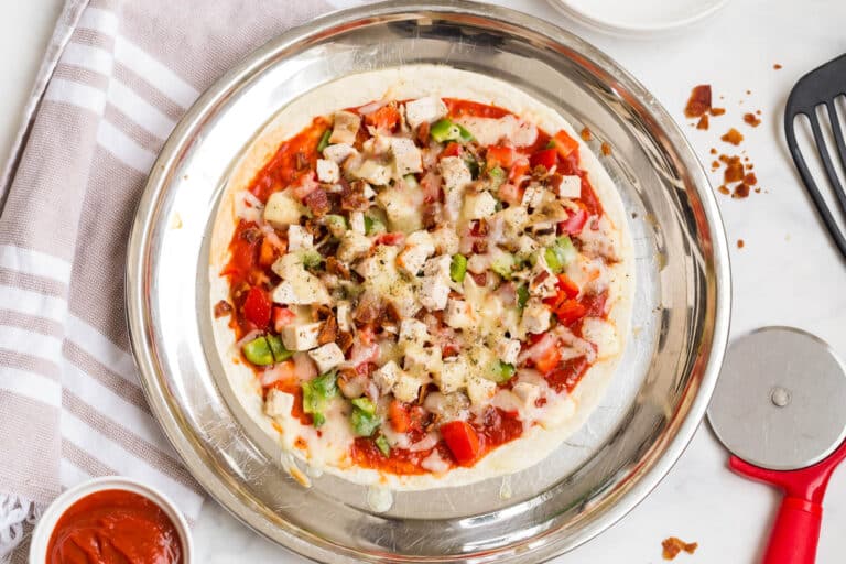 Chicken and bacon pizza quesadilla recipe.