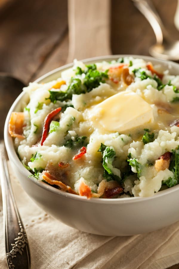 Colecannon - An Irish dish made with mashed potatoes with kale (or cabbage), milk (or cream), butter, salt and pepper.