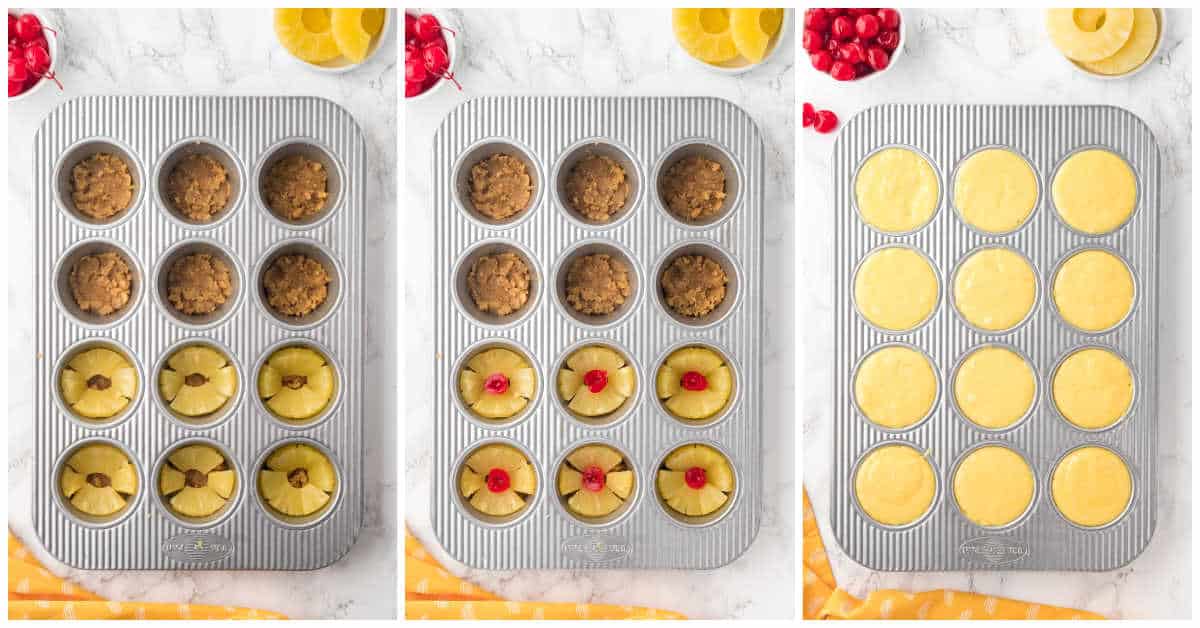 Steps to make pineapple upside down cupcakes.