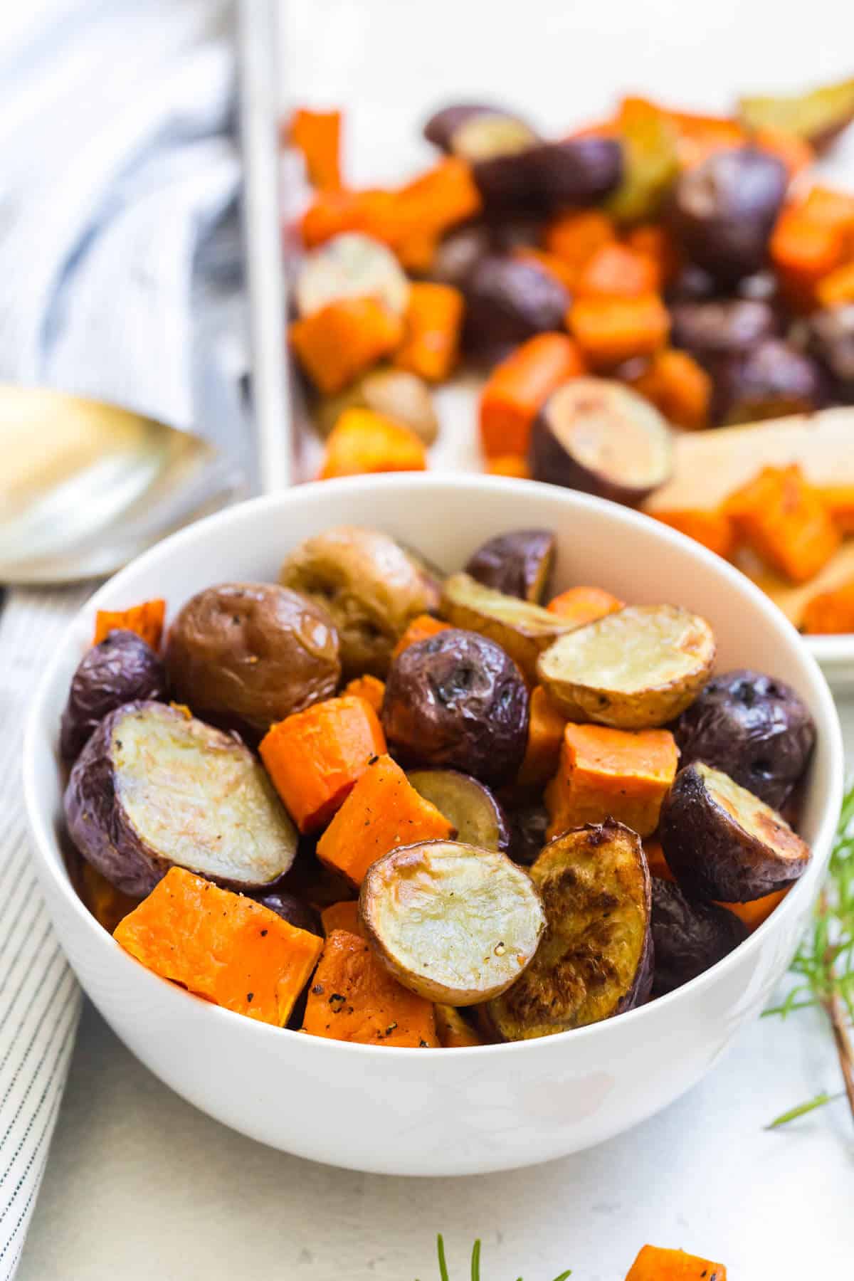 Roasted root vegetables in a bowl.