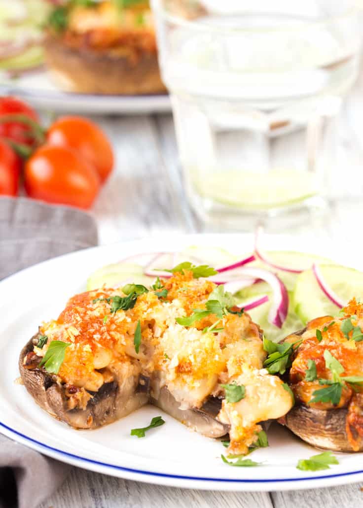 Cheese and Butterbean Stuffed Mushrooms - This delicious vegetarian dish is perfect for parties or a Meatless Monday meal. Easy to make vegan!