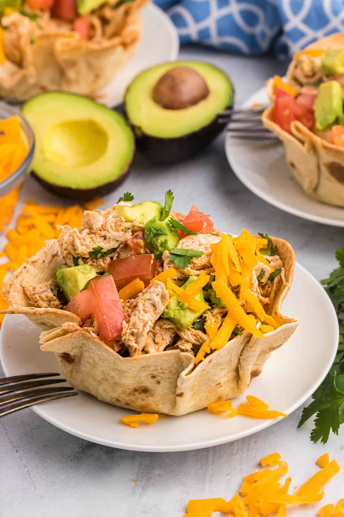 Taco Chicken salad in a tortilla bowl.