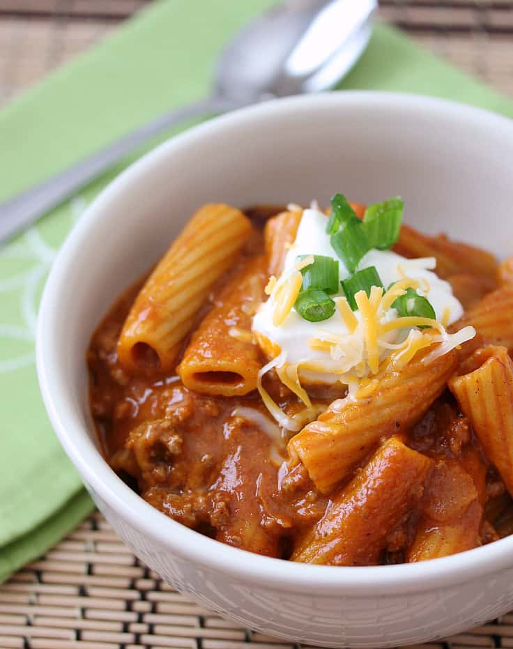 One-Pot Chili Rigatoni - This beef chili dish keeps the dishes out of the sink and you out of the kitchen! The noodles soak up the delicious sauce for an amazing comfort dish.