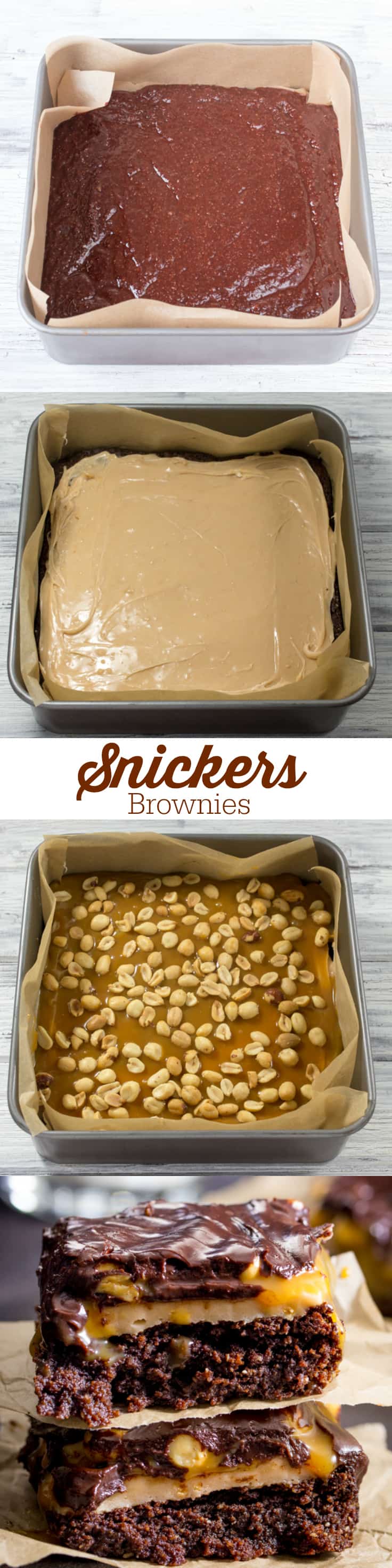 Snickers Brownies - Delicious AND gluten free! This decadent dessert recipe is a chocolate lover's dream with layers of nougat, peanuts, and caramel over a rich, moist brownie.