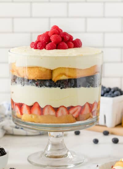 Berry Cheesecake Trifle in a trifle dish.